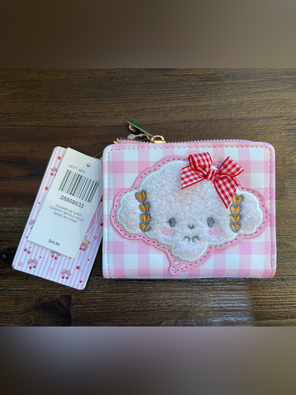 Her Universe Pink Gingham Lamb Zip Wallet with Red Bow